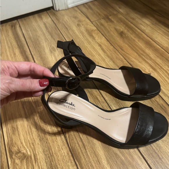 Clarks Black Open-Toe Heels with Ankle Strap - Picture 2 of 12